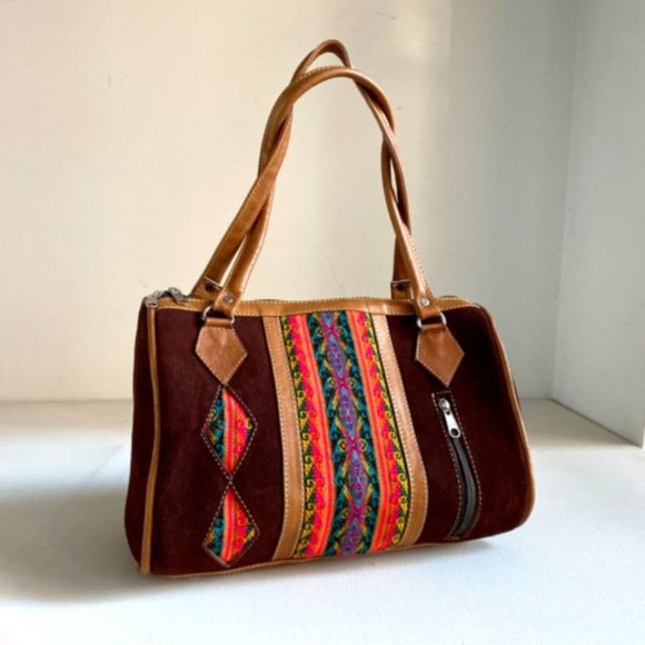 Unbranded | Vintage Handbags - Vintage Leather Suede Colourful Detail Medium Shoulder Top Handle Bag